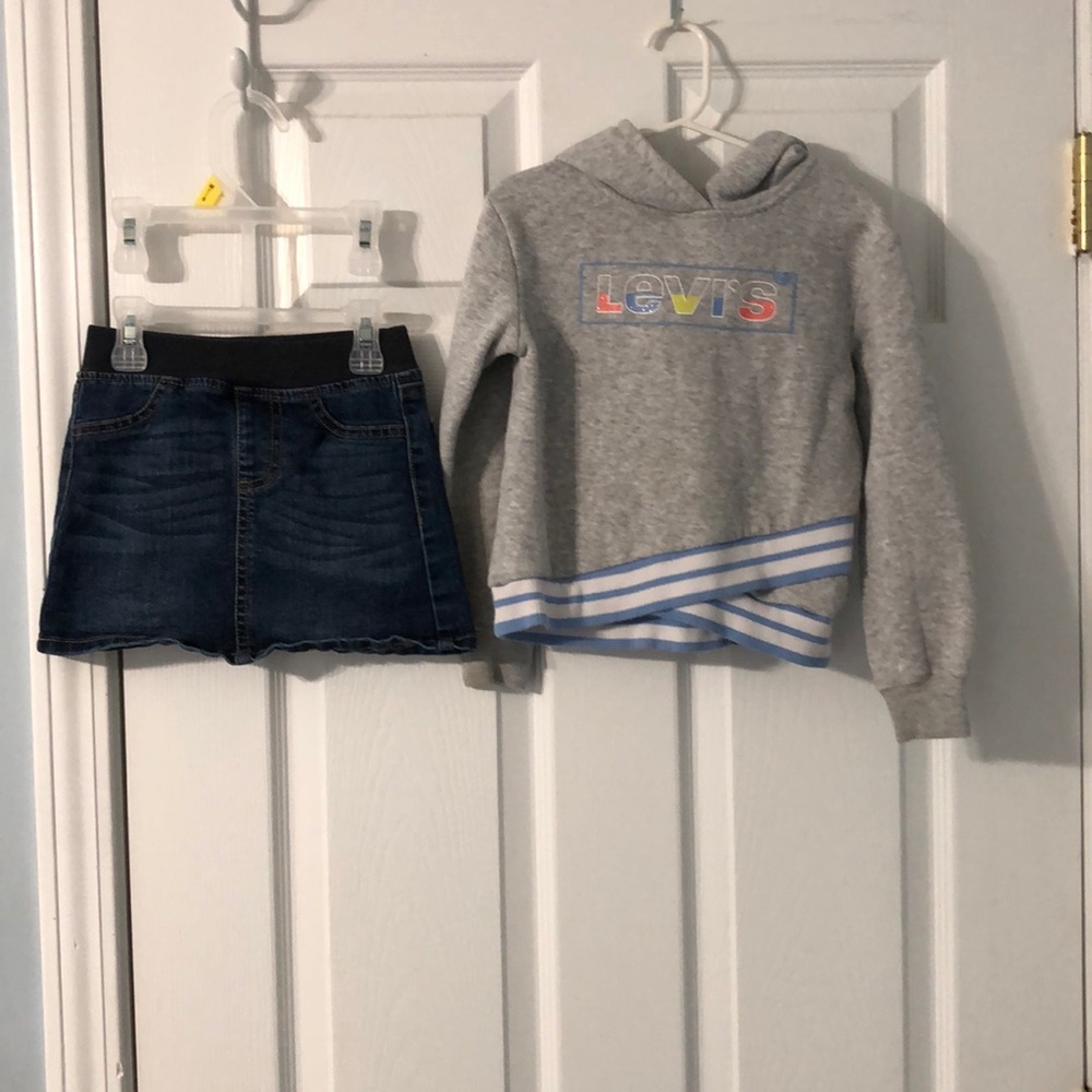 Size 4 Levi sweat hoodie and a blue jean skirt
